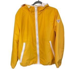 Guess Mens Yellow Windbreaker Jacket Hooded Mesh Lined Retro Sporty Med 112AP164